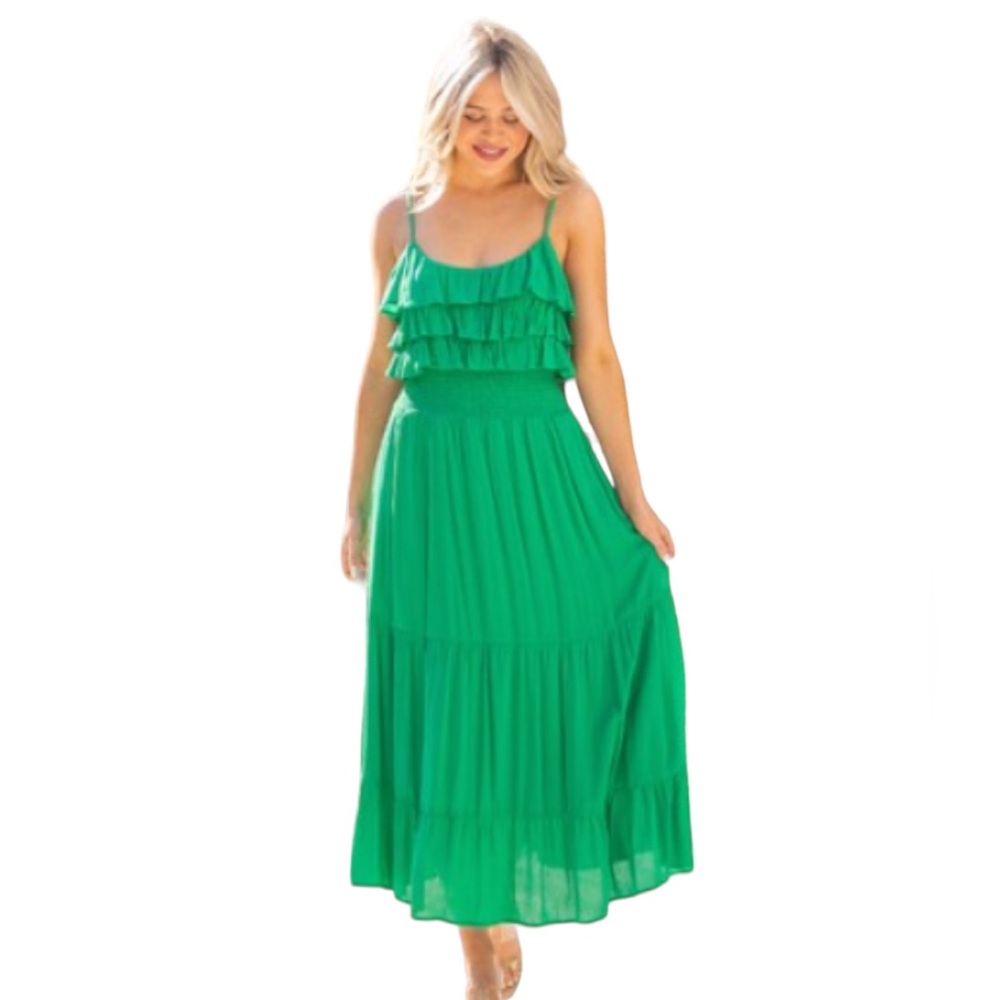 165. Women’s Green Ruffle Rayon Gauze Smocked Dress NWT